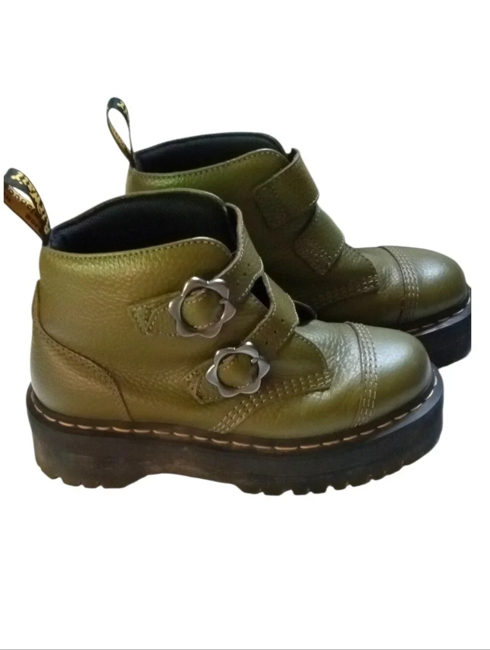 Dr Martens Women's Devon Flower Buckle Leather Platform Boots 8 US Khaki Green
